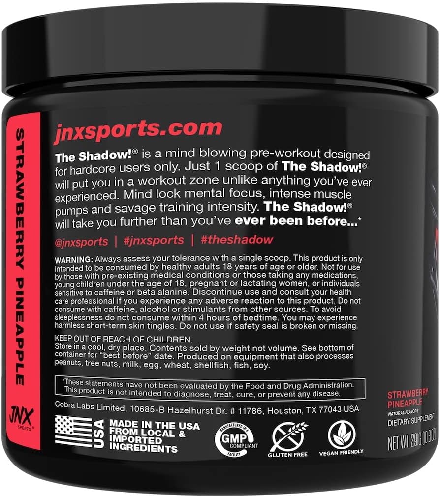 JNX SPORTS The Shadow! 350mg of Caffeine Hard Core Preworkout - Strawberry Pineapple 30 Servings | Electric Energy, Mental Focus & Superhuman Strength for Men & Women - Image 2