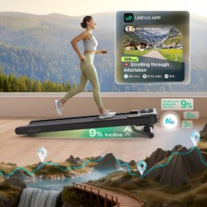 Smart Treadmill with 9% Auto Incline, Hiking and Running Walking Pad Treadmills for Home Office, Treadmill with UREVO APP, AI Powered Music Course, HIIT Programs Synced to Scenic Route, One-Click Mute