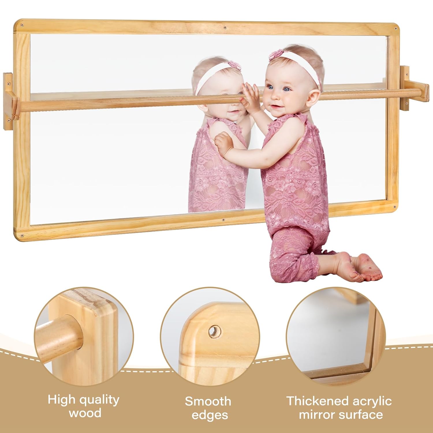 DGD Montessori Baby Mirror, Tummy Time Mirror for Newborn with Pull Up Bar. Baby Pull Up Bar 20'' Acrylic Shatter Proof Kid Safe Looking Glass for Wall for Daycare, Homeschool or Preschool (Large - Image 4