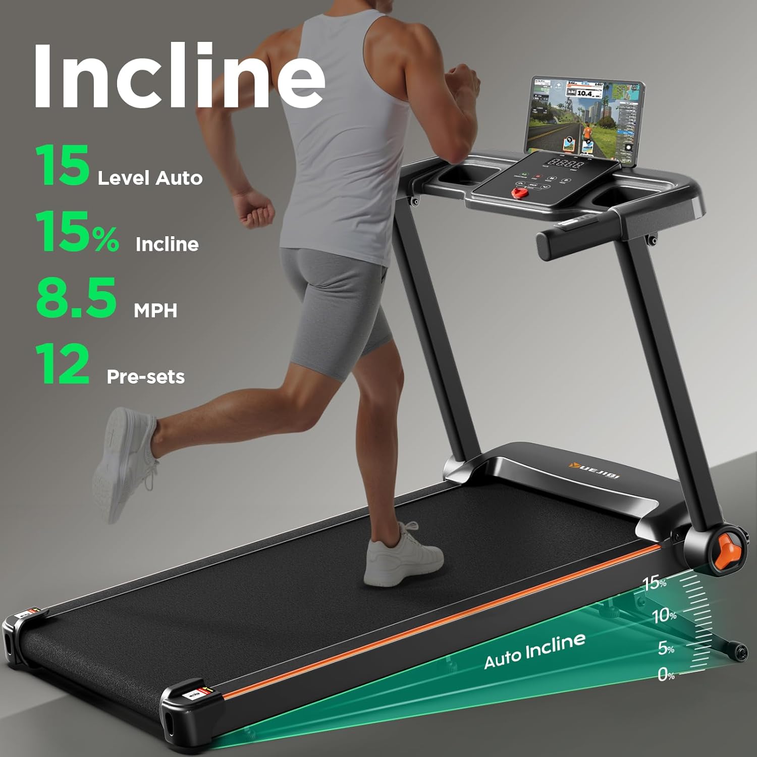 Treadmill with 0-15% Auto Incline, 3.5HP Quiet Brushless Foldable Treadmills for Home, Small Space Portable Running Walking Machine, 300 Lbs Capacity with Bluetooth APP & Pulse Monitor - Image 4