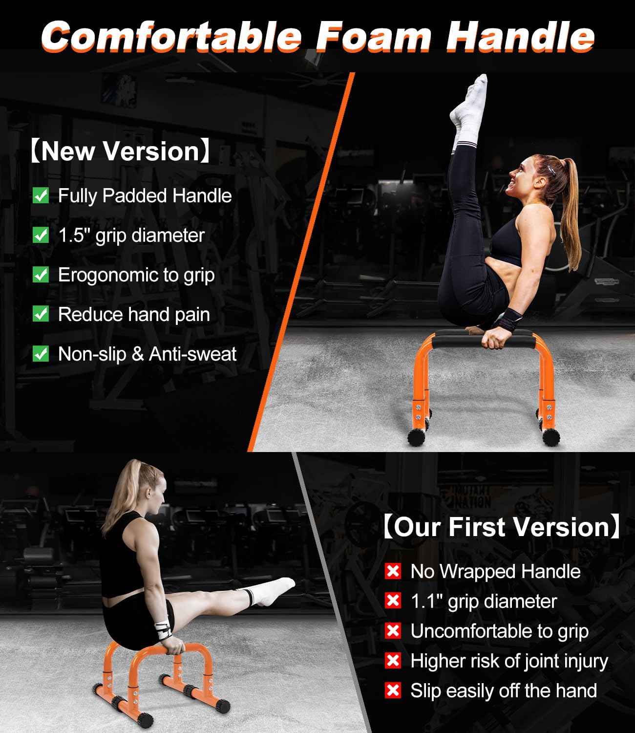 TABEKE Push Up Bar, 12" High Parallettes Bars & Dip Bar With Full-Cover Foam Handles, No Wobbling Calisthenics Equipment For Handstand, L-Sit, Gymnastics, Strength Training Home Gym - Image 5