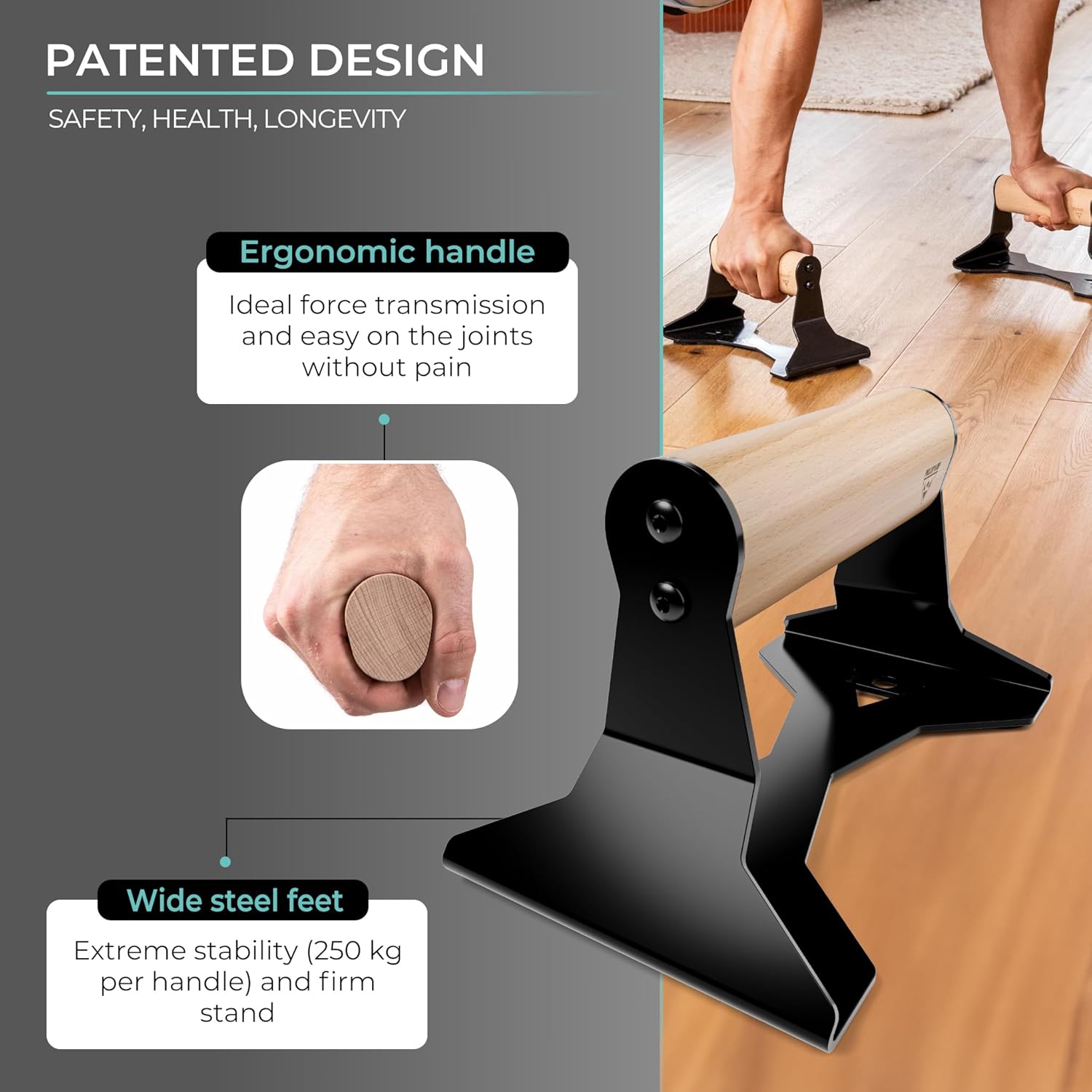 PULLUP & DIP Parallettes - Push Up Handles with Ergonomic Wooden Handles & Heavy-Duty Steel - Non-slip Parallettes Bars for Strength Training and Calisthenics - Press Up Handles for Push Ups - Image 3