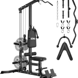 LS01 LAT Pulldown Machine, LAT Row Cable Machine with AB Crunch, LAT Tower with Cable Row Attachments, 3 in 1 Pulley Stations for Home Gym