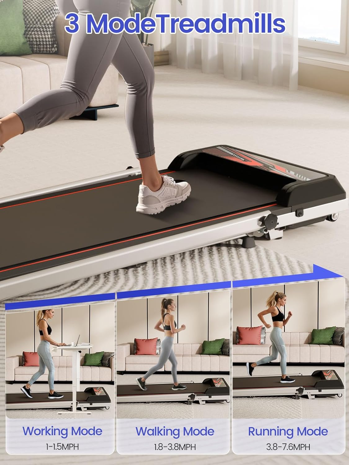 Jackfield Walking Pad with Handle Bar, 2.5HP Treadmills for Home, Portable Under Desk Treadmill with 8% Incline, 3 in 1 Compact Walking Pads with LED Display, 265 Lbs Capacity, Remote Control - Image 3