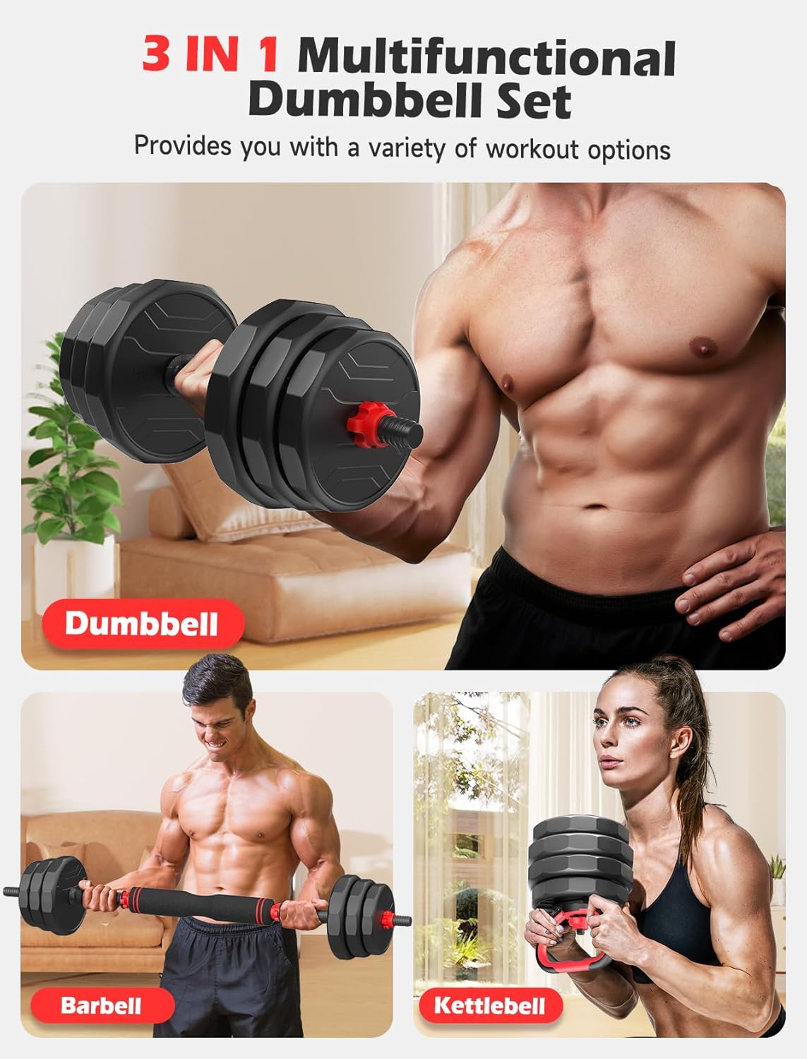 Adjustable Dumbbells, 20/30/40/55/60/70/80/90lbs Free Weights Dumbbells Convertible 2 or 3 in 1 Set Used as Barbell, Kettlebells, A Pair of Lightweight for Home Gym - Image 2
