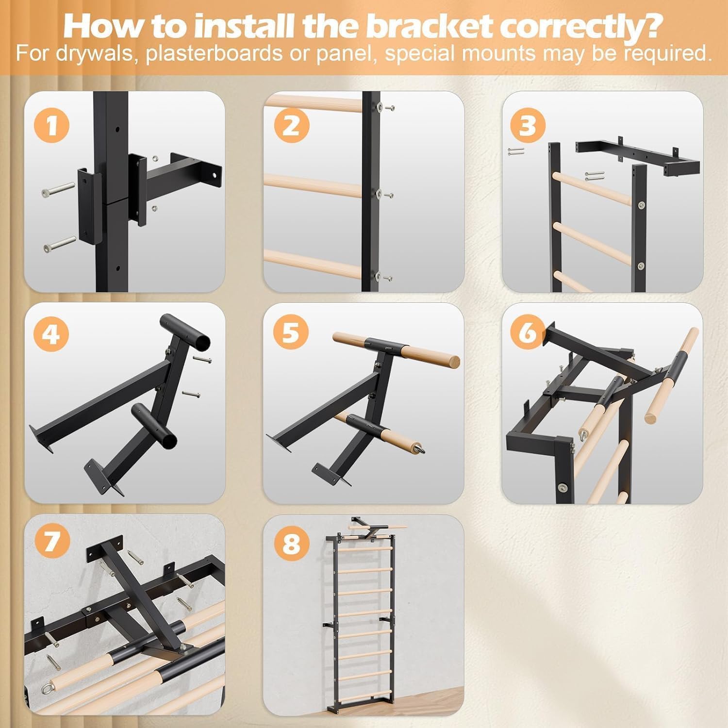 Swedish Ladder, Wood Stall Bars Suspension Trainer with Pull-Up Bar & Rings for Straps, Swedish ladders Wall Gym Adult, Wall-Mounted Workout Ladder for Home, Gym, School - Image 6