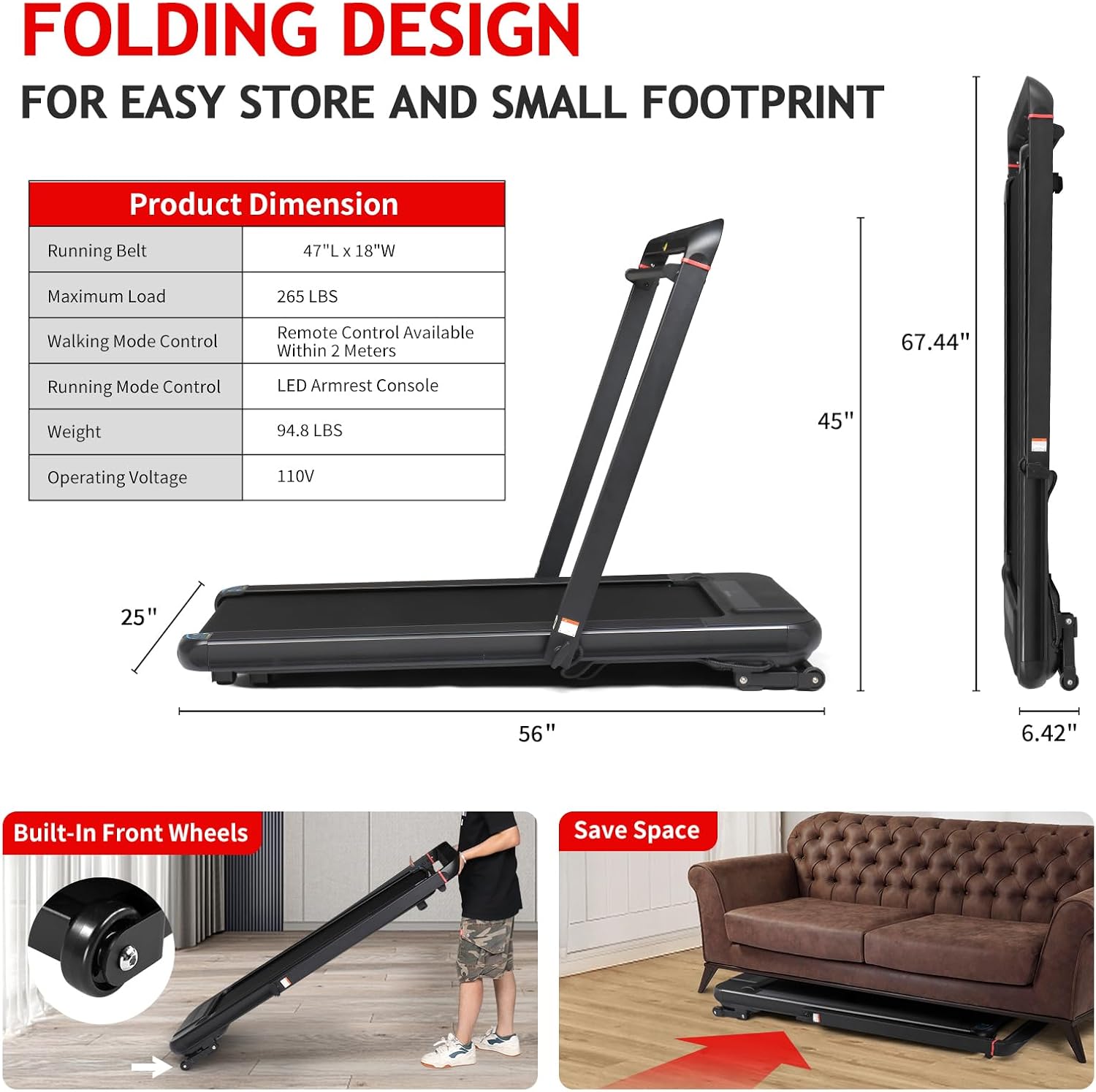 3 in 1 Foldable Treadmill with Auto Incline, 18" Wide Running Belt Under Desk Walking Pad W/Remote Control, Speaker, 265 Lbs Compact Treadmills Machine for Home, Office - Image 7