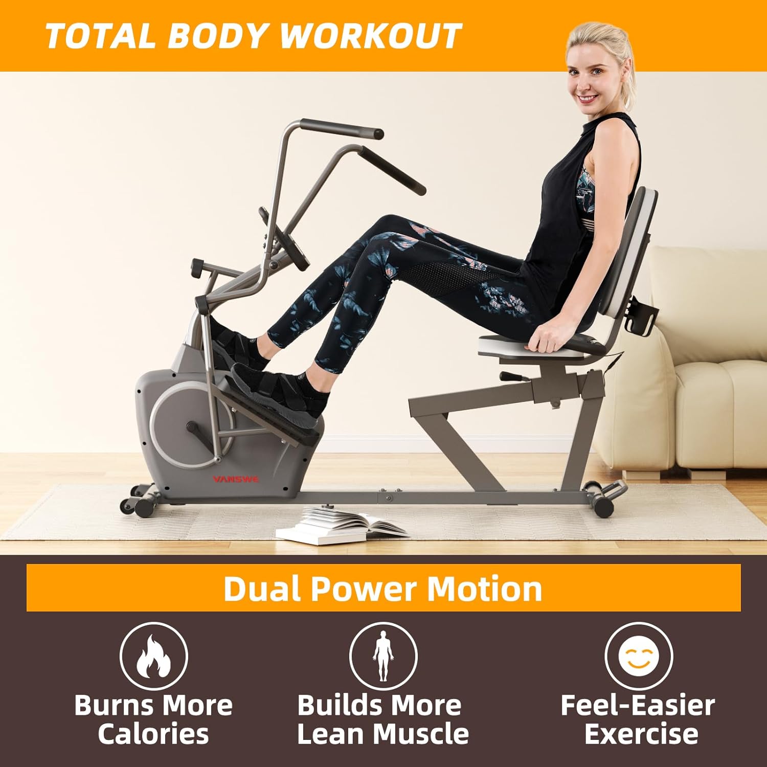 VANSWE Recumbent Exercise Bike for Adults Seniors - Recumbent Bikes for Home with Magnetic Resistance, Bluetooth and App Connectivity, Pulse Sensor - Image 6