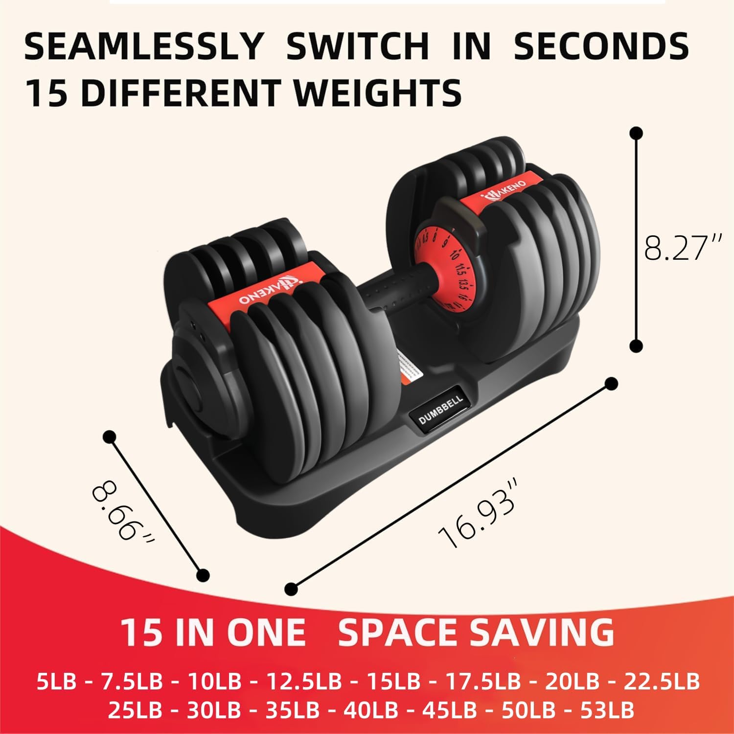 15 Weight in 1 Adjustable Dumbbell 53LB with Fast Automatic Adjustable and Weight Plate for Body Workout Home Gym (24kg/53lb)2pcs - Image 8