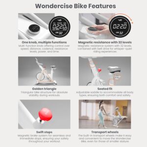 WONDER CORE Indoor Cycling Exercise Bike, WONDERCISE Bike – 13.2LB Flywheel, 32-Level Resistance, Silent Belt Drive, Bluetooth Connectivity, Tablet Holder, Adjustable Seat/Handlebars (White)