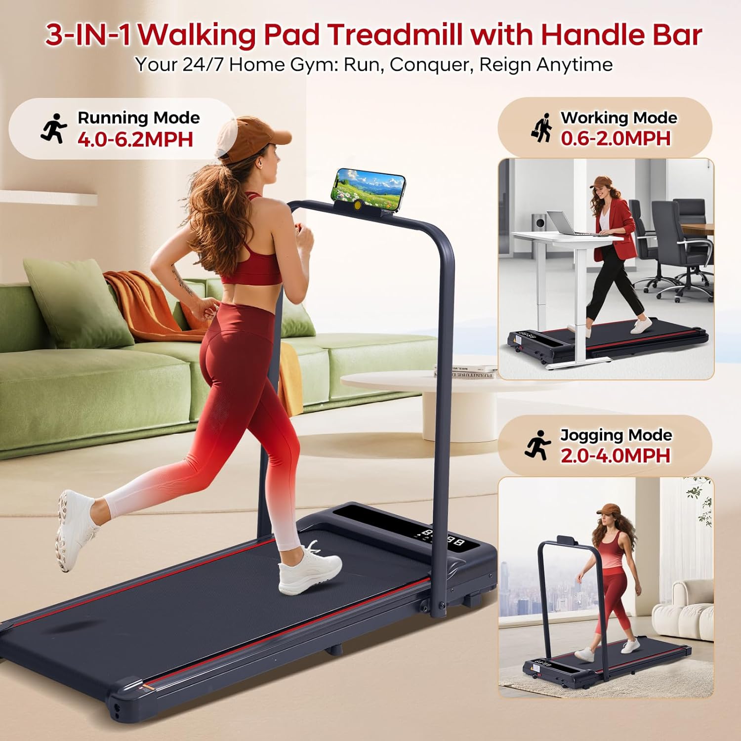 Treadmill with Handles for Home Small, 3.0HP Electric Compact Walking Pad Treadmills with Handle Bar, 0.6-6.2MPH Portable Under Desk Treadmill Home for Small Space, 320LBS - Image 2