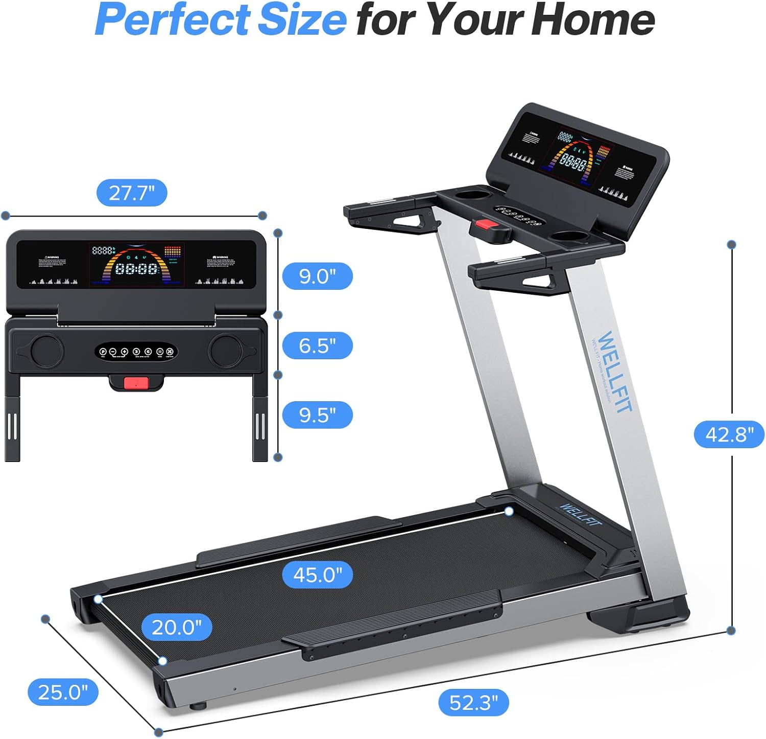 WELLFIT Home Treadmill, 2 Level Incline Heavyduty Treadmill with Pulse Sensor, 4.0 HP, 10 MPH, 450 lbs Capacity, 20'' x 45'' Running Area Treadmills with Bluetooth Player & LED Display - Image 7