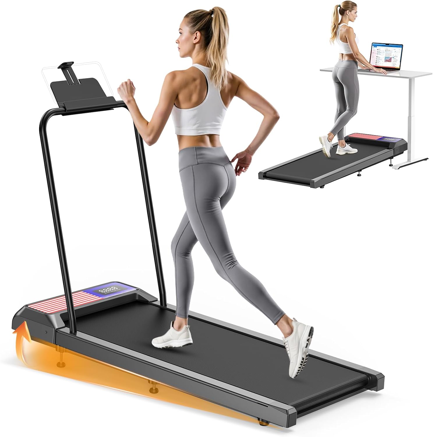 Walking Pad Treadmill with 8% Adjustable Incline and Removable Handle Bar, Compact Under Desk Treadmills for Home Small with APP Sync, Remote Control and LED Display, 2.5HP
