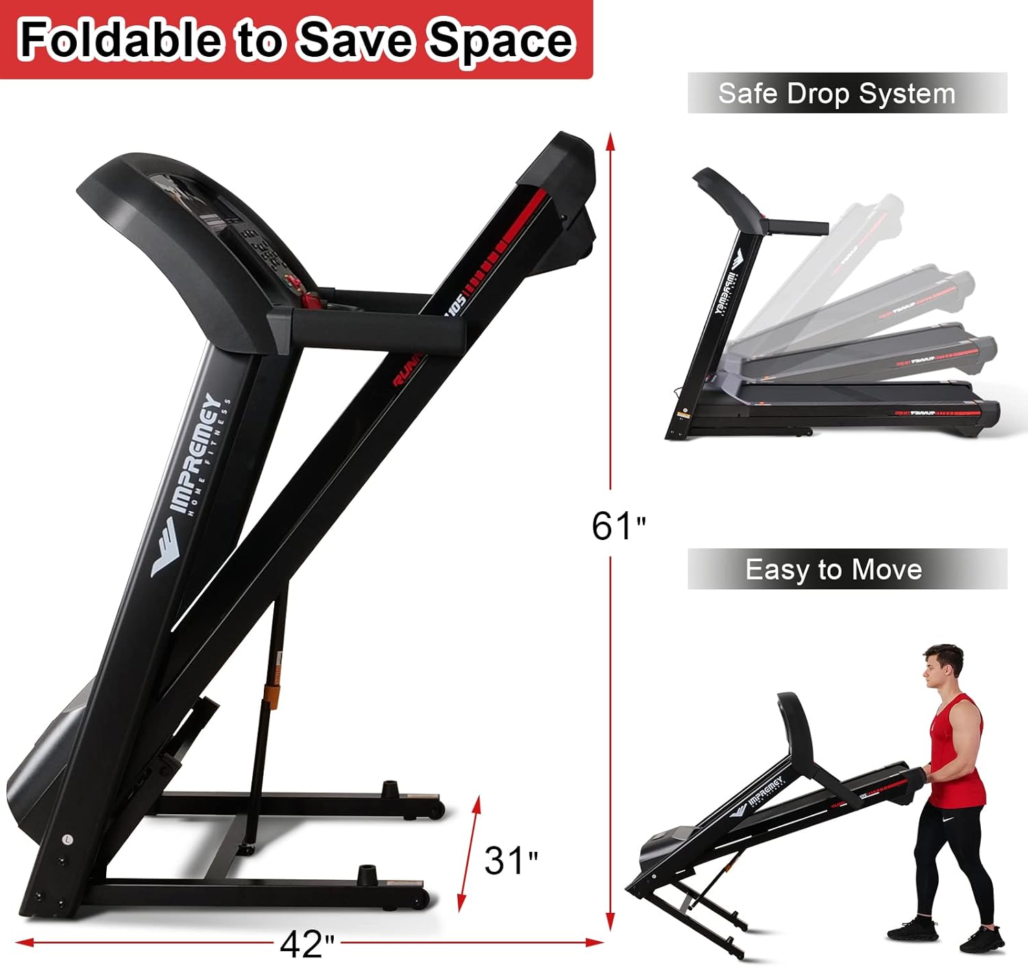 Impremey Folding Treadmill with Auto Incline 15%, 3.5HP, 350 Lb Capacity, 11 MPH, 50" x 19" Ultra Large Running Area, Heart Rate Monitor Armband, HRC Training for Home Walking and Running - Image 6