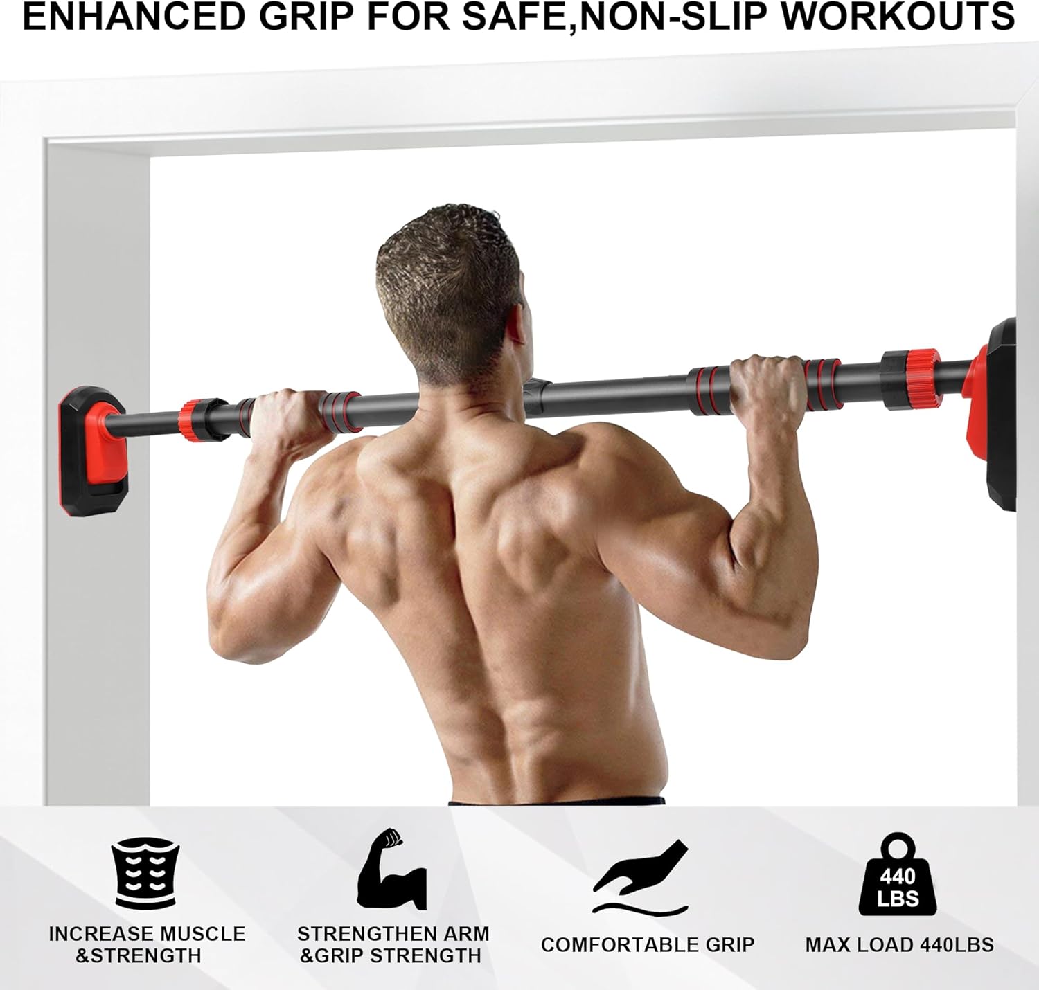 TOPOKO Pull Up Bar for Doorway, Strength Training Chin Up Bar without Screws – Adjustable Width with Locking Mechanism, Non-Slip Heavy Duty Pull-up Bar for Home Gym, Max Load 440lbs - Image 3