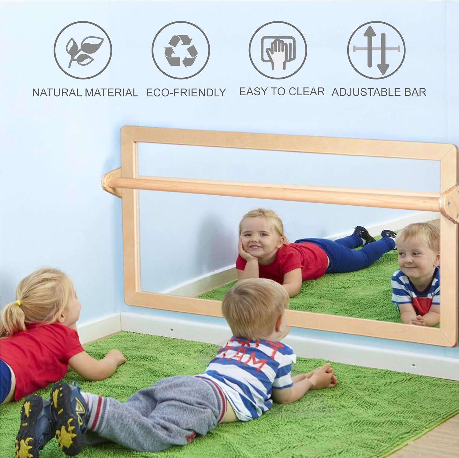 3-Position Montessori Wood Frame Non-Shatter Safety Pull Up Bar Baby Big Mirror Set, Infant Coordination Mirror, Kids Classroom Furniture for Daycare, Homeschool or Preschool - Image 7