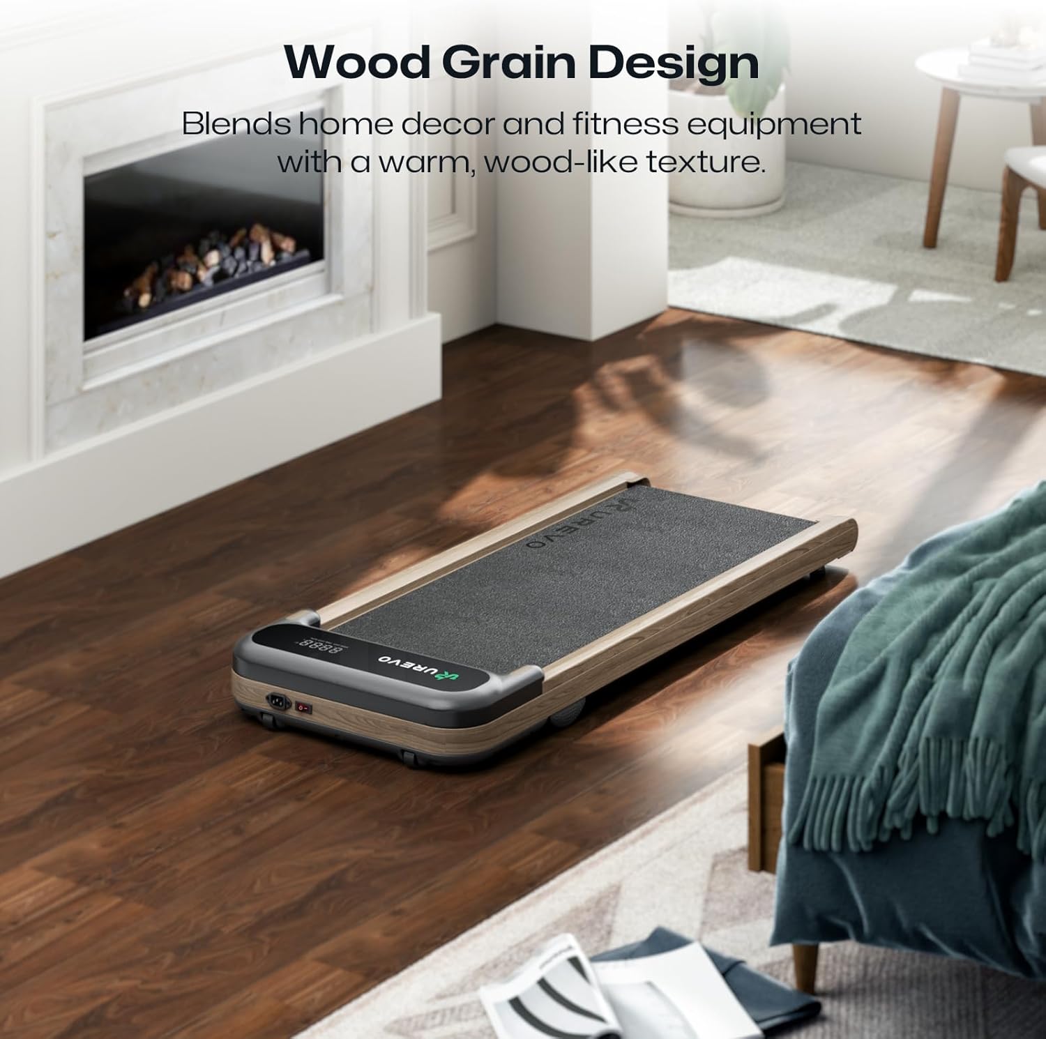 UREVO E4W Smart Walking Pad, Under Desk Treadmill with Wood Grain Design, 8-Point Shock Absorption, Quiet Operation, Workout APP with Track Insights and MIIT Mode, Plug and Play, Remote Control - Image 2