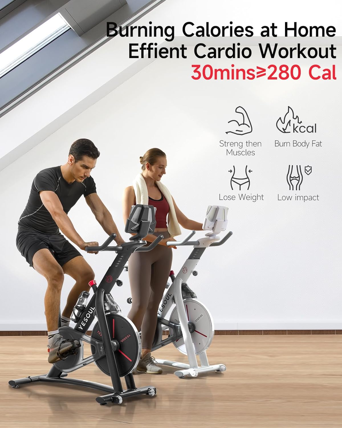 Yesoul Black Exercise Bike for Home,Smart White Cycling Bike Magnetic Stationary Bike, Low Noise Indoor Cycling Bike for Home Gym Electric Stationary Bike with Tablet Mount & Comfortable Seat Cushion for Women Apartment Workout Bike for Fitness - Image 5