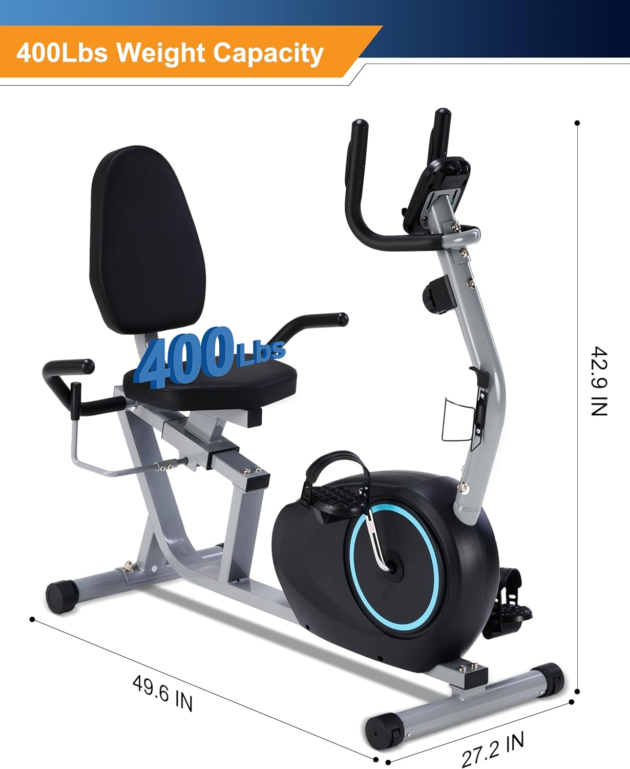 Recumbent Exercise Bike for Seniors - 400LB Weight Capacity Recumbent Bikes with Comfortable Seat, Pulse Sensor, 16-level Resistance, LCD Monitor - Image 2