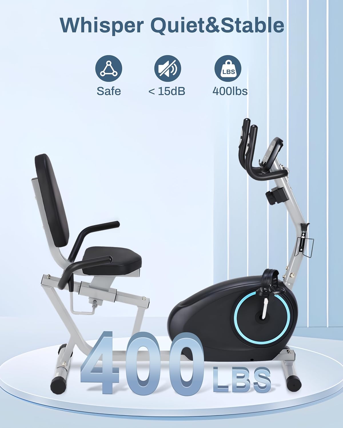 Recumbent Exercise Bike for Seniors - Quick Adjust Seat, Magnetic Recumbent Bike with Quiet 16-Level Resistance, 400LB Weight Capacity, Backlit LCD Monitor, Heart Rate Handle - Image 2