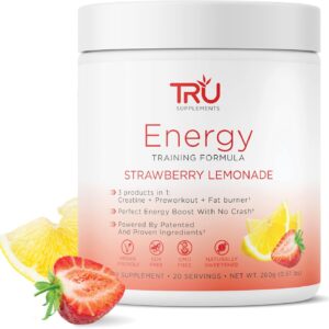 TRU Supplements Energy, Pre Workout Training Formula, Vegan Friendly, No Jitters, Improve Workout Performance, Naturally Extracted Flavors, 20 Servings (Strawberry Lemonade)