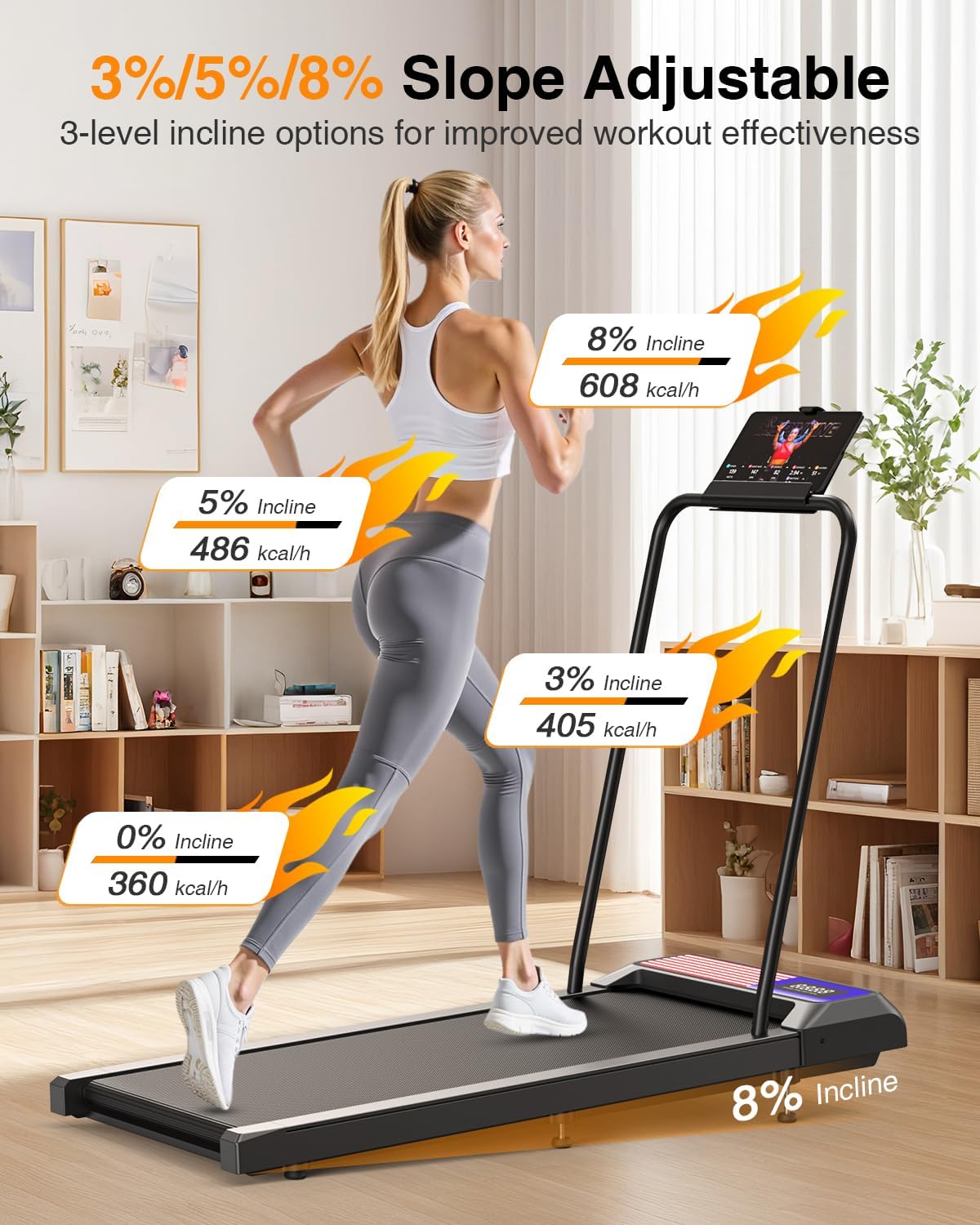 Walking Pad Treadmill with 8% Adjustable Incline and Removable Handle Bar, Compact Under Desk Treadmills for Home Small with APP Sync, Remote Control and LED Display, 2.5HP - Image 2