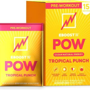 EBOOST POW Natural Pre Workout Powder – 15 Packets, Tropical Punch – Preworkout Energy Booster Gym Supplement Drink Mix for Men and Women – Performance, Joint Mobility Support – Gluten-Free