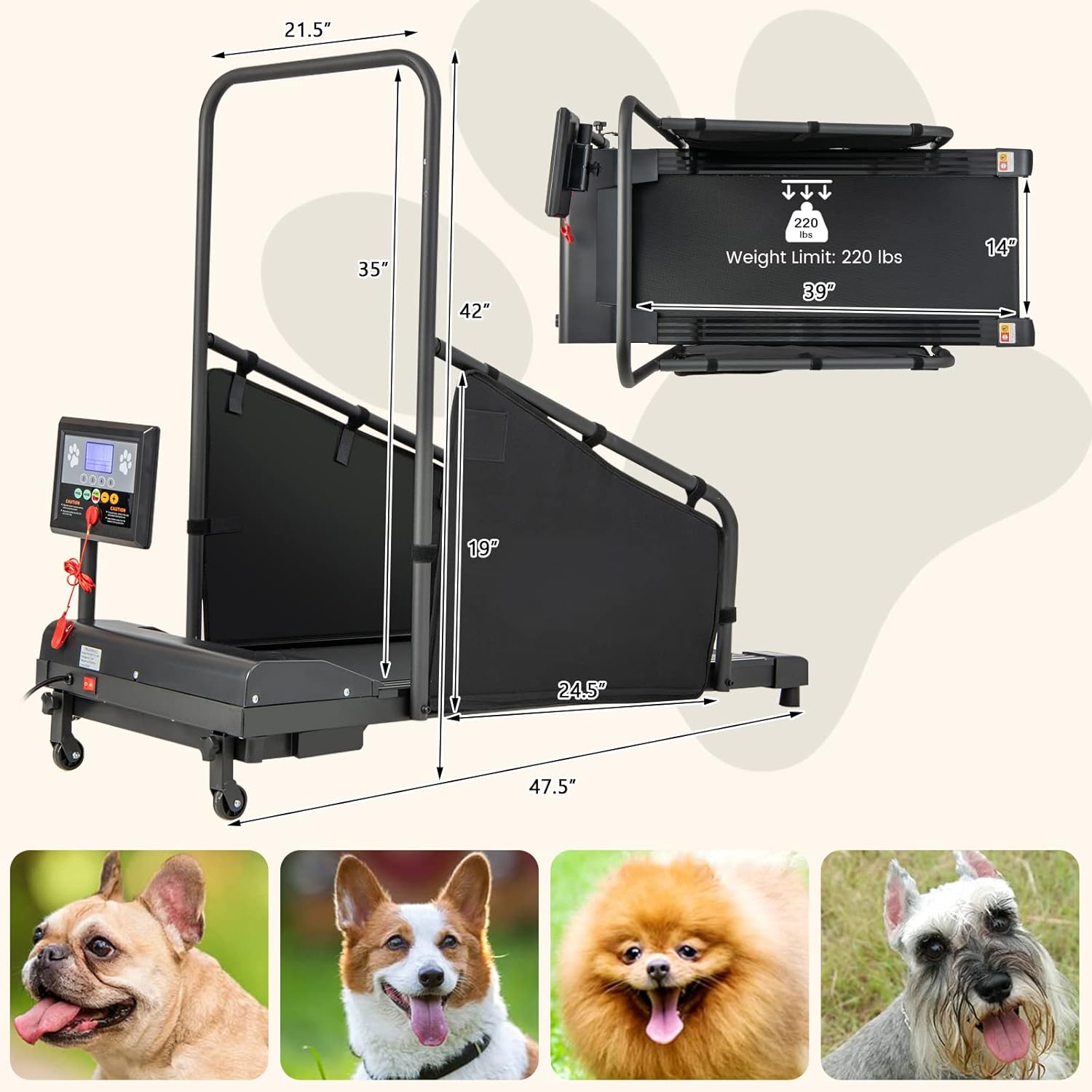 GYMAX Dog Treadmills for Small/Medium Dogs - 220 LBS Pet Runner with 65.5 FT Remote, Rotatable LCD Monitor, Adjustable Incline, 3 Countdown Modes & Wheels, Dog Running Machine for Indoor Exercise - Image 6