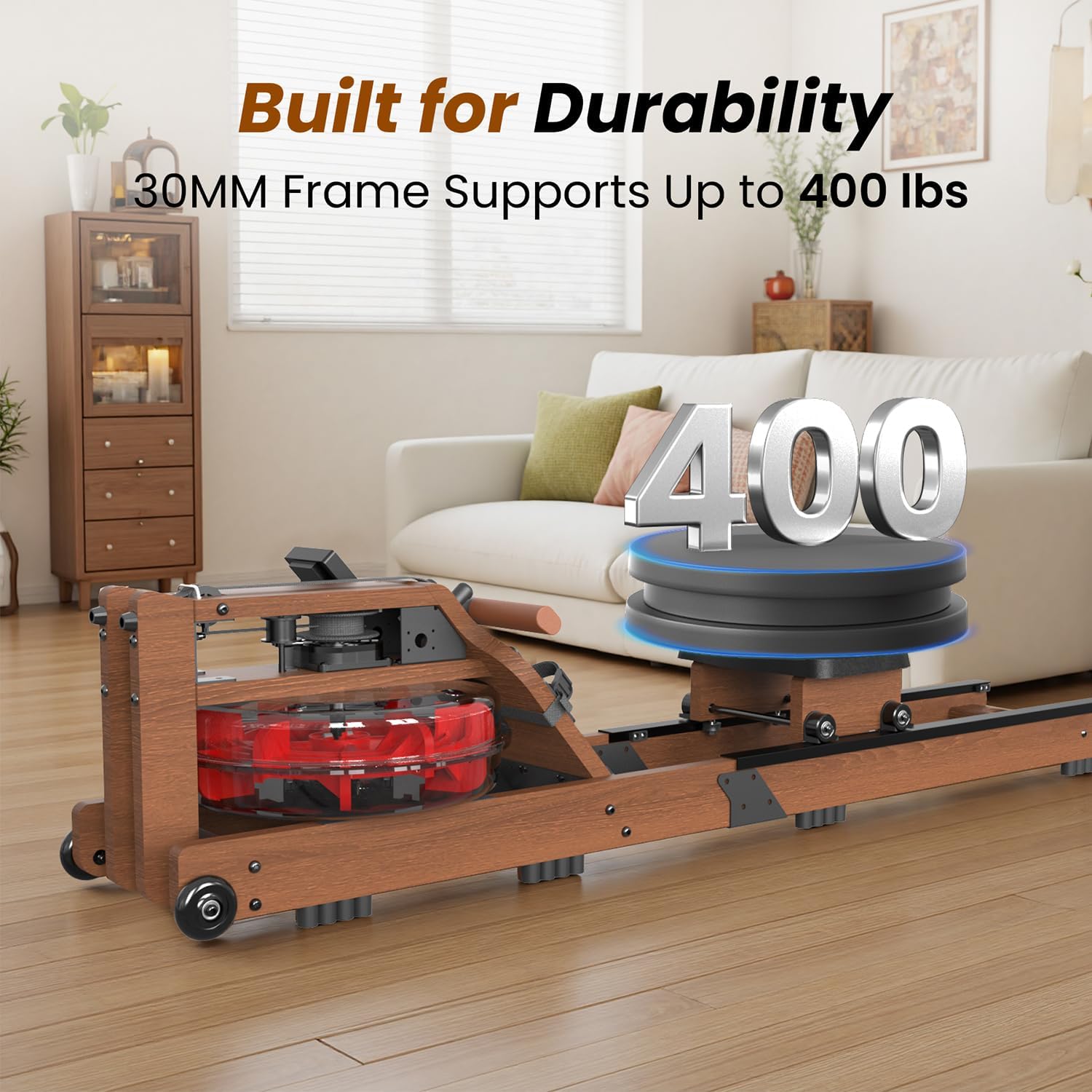 Water Rowing Machine for Home Use- Foldable Rower Machine 400LBS Weight Capacity with Dedicated Monitor & Comfortable Seat, Bluetooth APP - Image 5