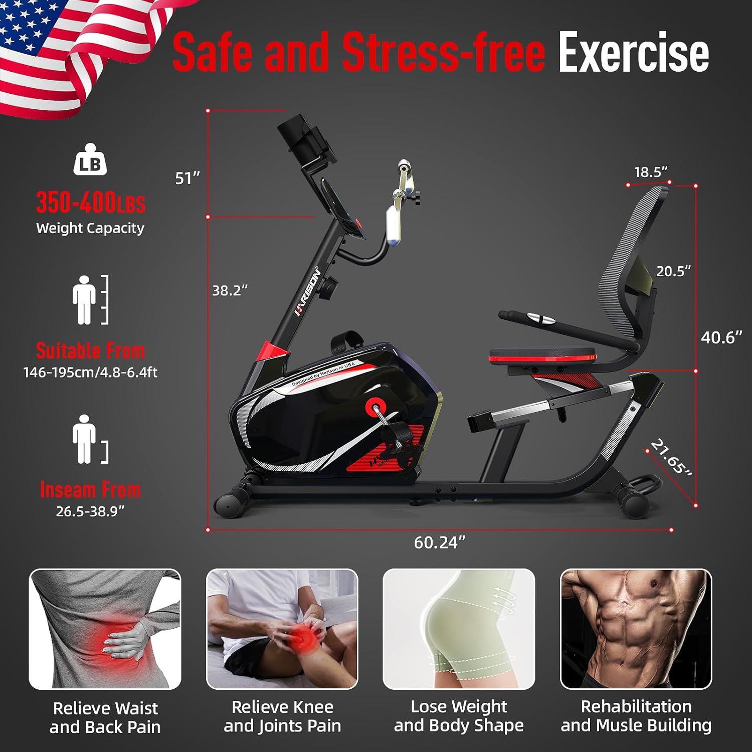 HARISON Semi Commercial Recumbent Exercise Bike with 400 lbs Capacity, Magnetic Recumbent bike for Adult and Seniors, Recumbent Stationary bike for Home with Smart Bluetooth App, 2 in 1 LCD Monitor and Tablet Holder, Heart Rate monitor (HR-B8RE Recumbent Exercise Bike with Arm Exerciser) - Image 4