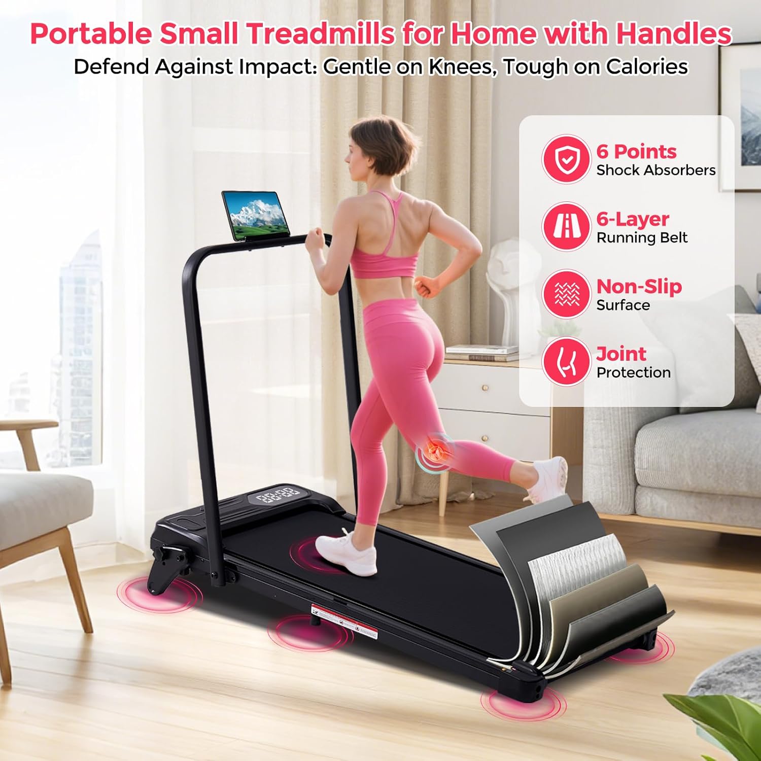 Portable Treadmill with Handles & Adjustable Incline, 3.5HP Compact Walking Pad Treadmill with Handle Bar, 0.6-7.6MPH Electric Small Under Desk Treadmills for Home Small Spaces, 350LBS Walking Pads - Image 8