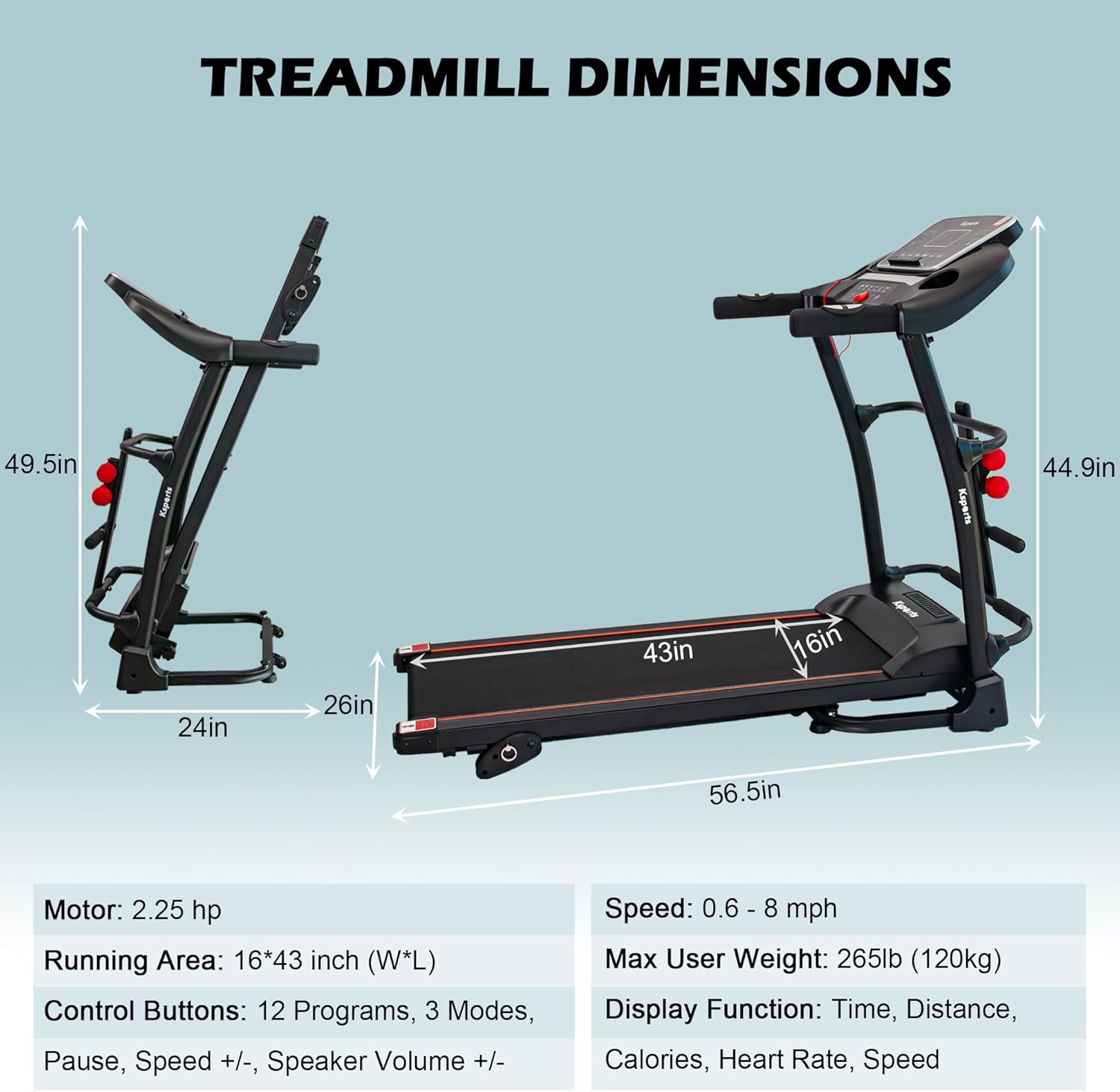 Ksports Foldable 16.5 Inch Cardio Fitness Portable Treadmill with Bluetooth Connectivity, LCD Display, and Tracking Apps for Home Gym Equipment, Black - Image 7