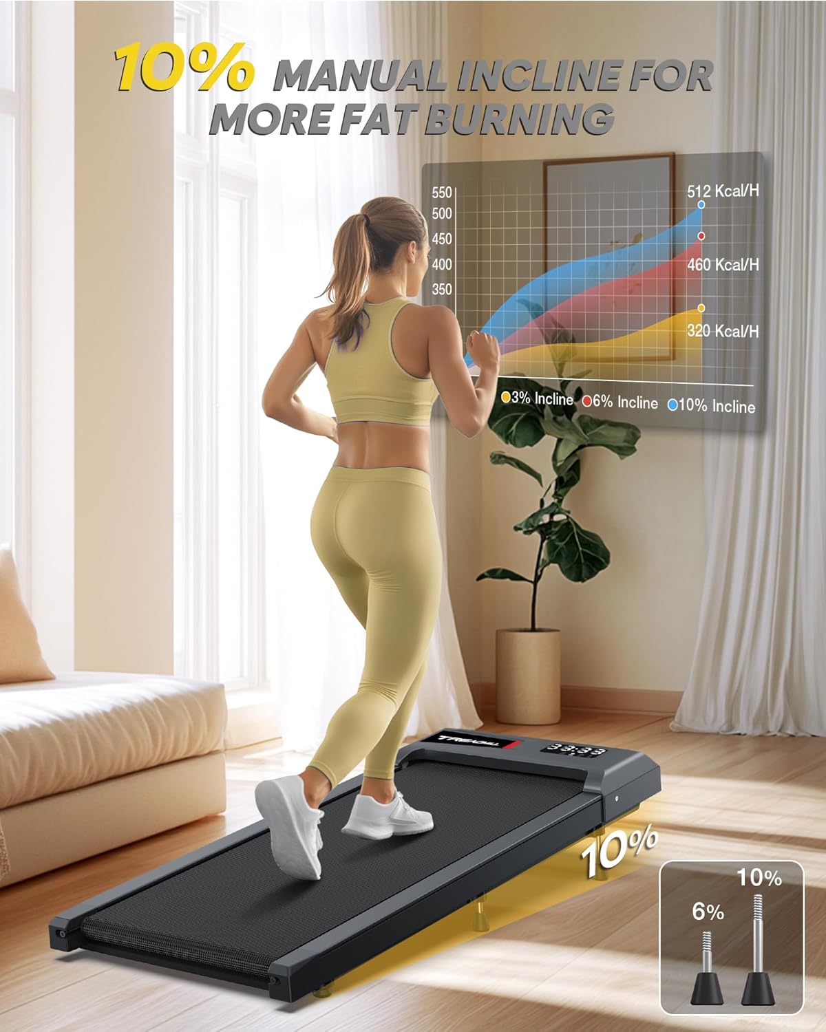 Walking Pad with 10% Incline, Walking Pad Treadmill for Home and Office, Portable Under Desk Treadmills 320/265 lbs Capacity, APP & Remote Control - Image 3