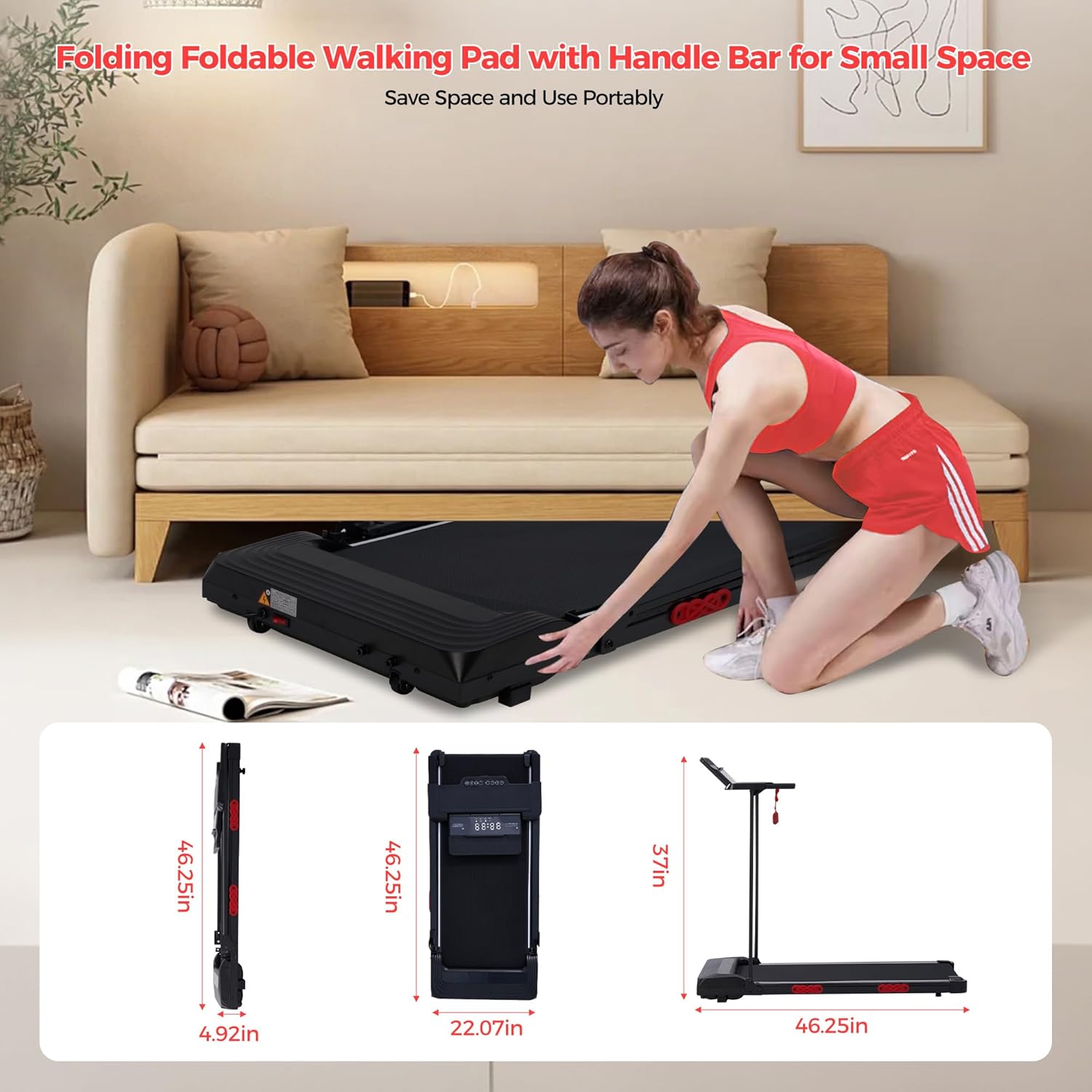 Electric Walking Pad with Handle Bar, 0.6-10MPH Portable Walkingp Pads Treadmills with Handles for Home Apartment Small, 3.5HP Foldable Folding Compact Treadmill for Small Spaces, LED Display, 400LBS - Image 7