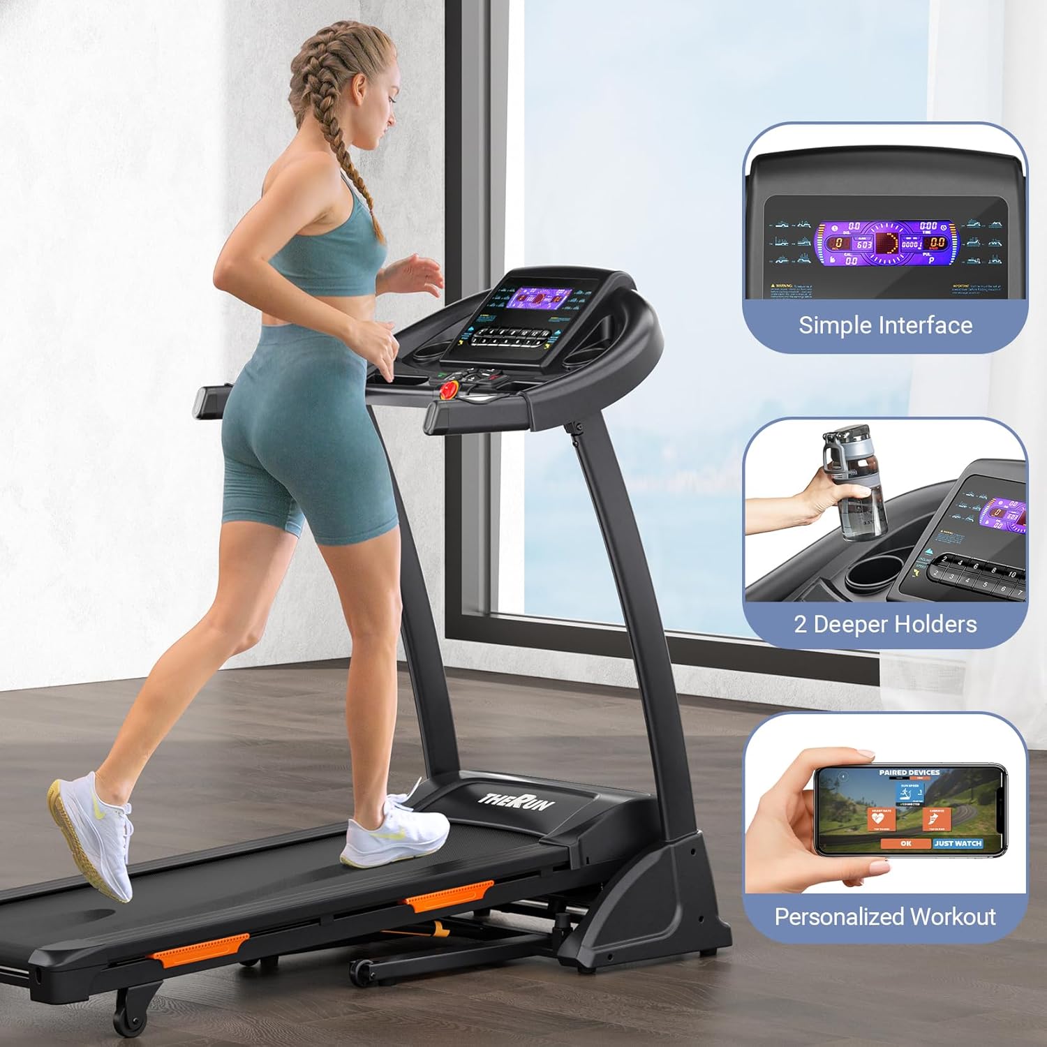 THERUN Incline Treadmill for Running and Walking, 300 lbs Weight Capacity Folding Treadmill with 0-15% Auto Incline, Wide Belt, 3.5HP, App, Heart Rate - Image 6