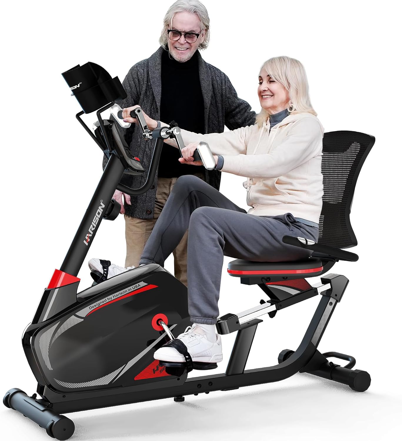 HARISON Semi Commercial Recumbent Exercise Bike with 400 lbs Capacity, Magnetic Recumbent bike for Adult and Seniors, Recumbent Stationary bike for Home with Smart Bluetooth App, 2 in 1 LCD Monitor and Tablet Holder, Heart Rate monitor (HR-B8RE Recumbent Exercise Bike with Arm Exerciser)