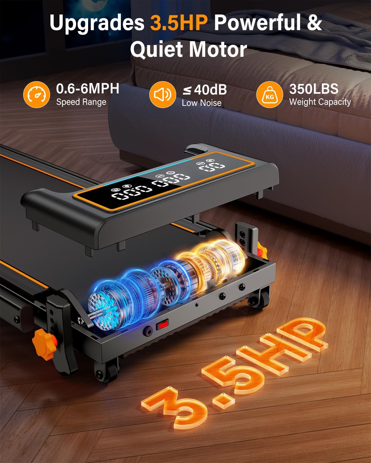 Treadmill Walking Pad with 10% Incline/Handle Bar/2 LED Display, 3.5HP Portable Treadmills for Home Small, Foldable Walking Pad Treadmill 350+lb Capacity, Smart App, 4 Adjustable Incline, RGB Light - Image 4