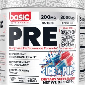 Basic Pre-Workout with 200mg Caffeine and 3000mg Citrulline for Energy, Focus, and Strength Support, No Beta-Alanine Tingles, Vegan, Gluten-Free, Sugar-Free