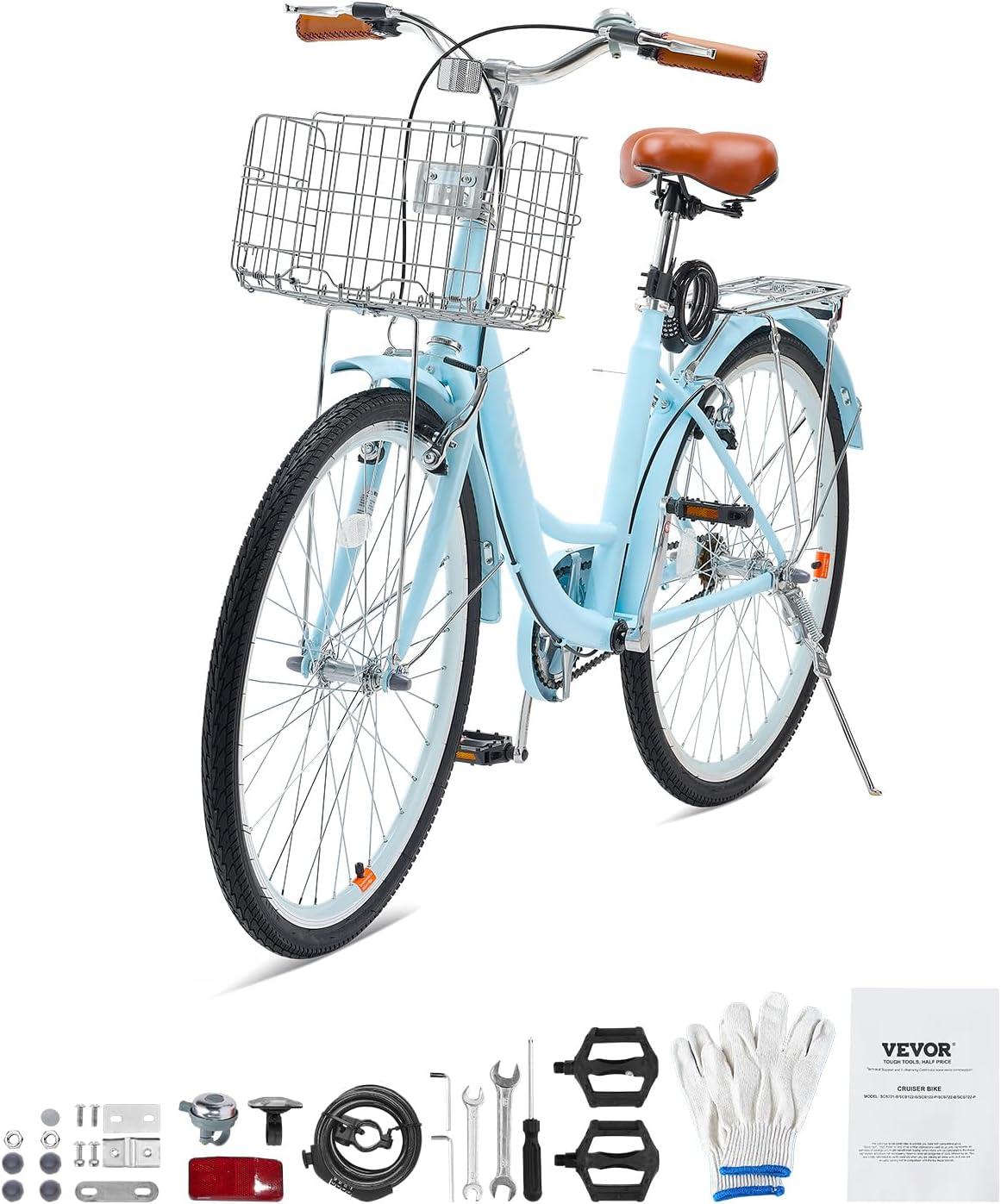 VEVOR Women Bike, 7-Speed and 1-Speed, 24-26 Inch Pink and Light Blue Beach Cruiser Bike, with Large Capacity Basket and Rear Rack, Adjustable Seat, Fits for Cycling, Exercise & Shopping - Image 9