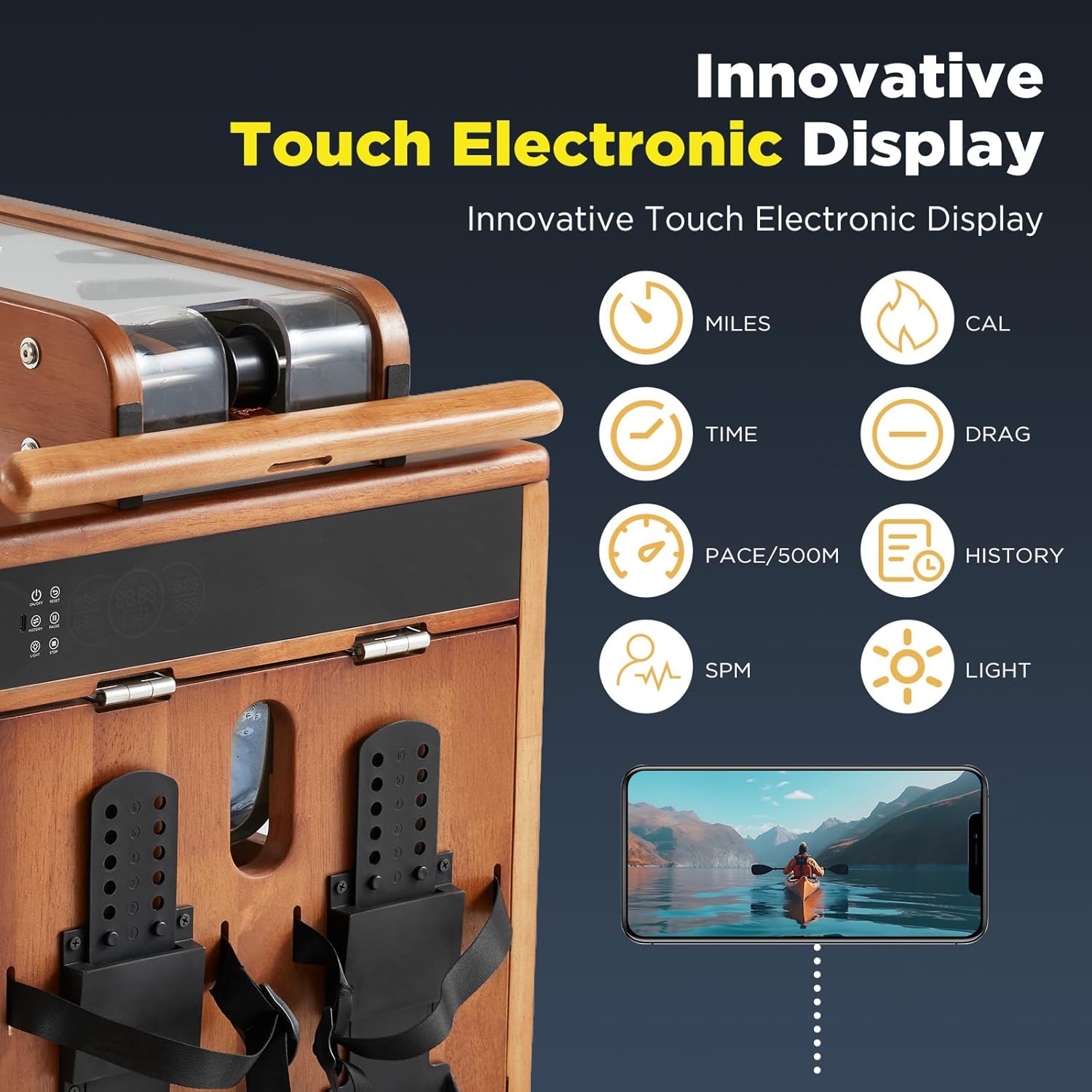 Water Rowing Machine for Home, Touchscreen Smart Display, Dual Resistance Drawer Rower, Kinomap App, No Installation Required, Foldable, Aluminum Rail, Breathing Light, 350LBS Capacity - Image 6