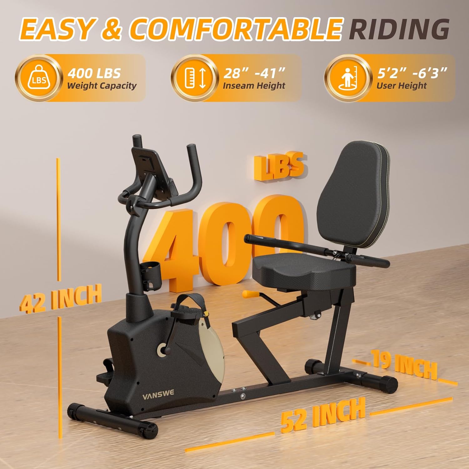 VANSWE Recumbent Exercise Bike, Recumbent Stationary Bikes for Home 400 LBS Weight Capacity, Exercise Bike for Home Seniors with Smart App and Bluetooth Connectivity, LED Display, Pulse Handle - Image 5