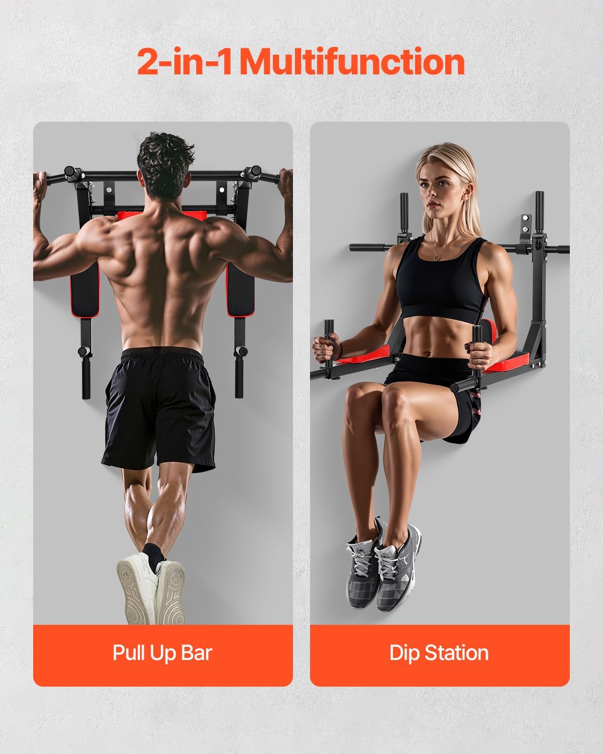 VEVOR Multifunctional Pull Up Bar, Wall Mounted Chin Up Bar Dip Station for Home Gym, Heavy Duty Steel Upper Body Workout Pull Ups, Power Tower Set Training Equipment Fitness, 440 lbs Weight Capacity - Image 3