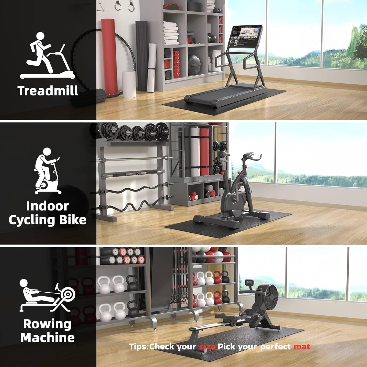 Treadmill Mat, 7'x3'/6'x3'/6'x2.5'/5.6'x2'/4'x2', 6mm Thick Exercise Equipment Gym Mat for Hardwood FloorCarpet, Compatible with Peloton Bike, Indoor Spin Bike, Elliptical - Image 2