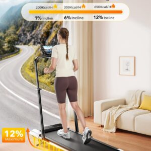 Walking Pad Treadmill with 12% Incline, 6 in 1 Folding Treadmill with Adjustable Handle Bar for Home/Office, Under Desk Treadmills Portable Walking Pad with App, Remote Control & LED Display