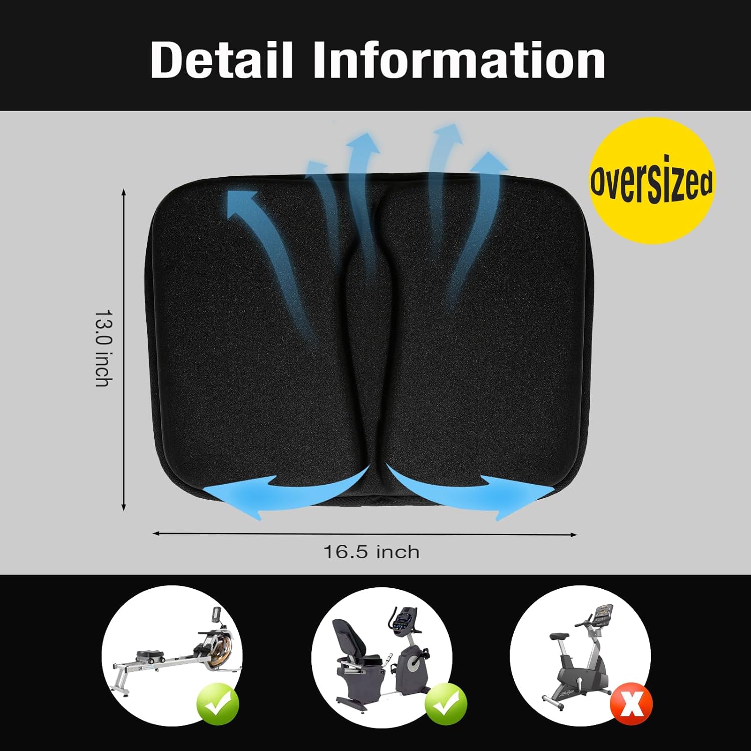 Gel Padded Seat Cushion Cover for Recumbent Bike & Rowing Machine - Extra Wide Thick Memory Foam with Gel Pad for Exercise Recumbent Bicycle and WaterRower, Concept2, for Women and Men Comfort - Image 2