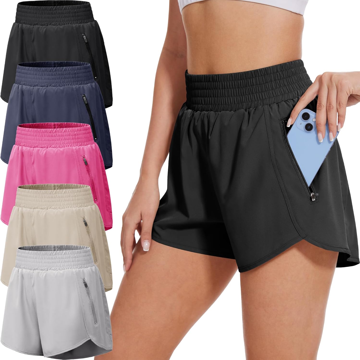 BALENNZ Women's Athletic Workout Shorts with Zipper Pockets Activewear Elastic Waist Gym Running Shorts
