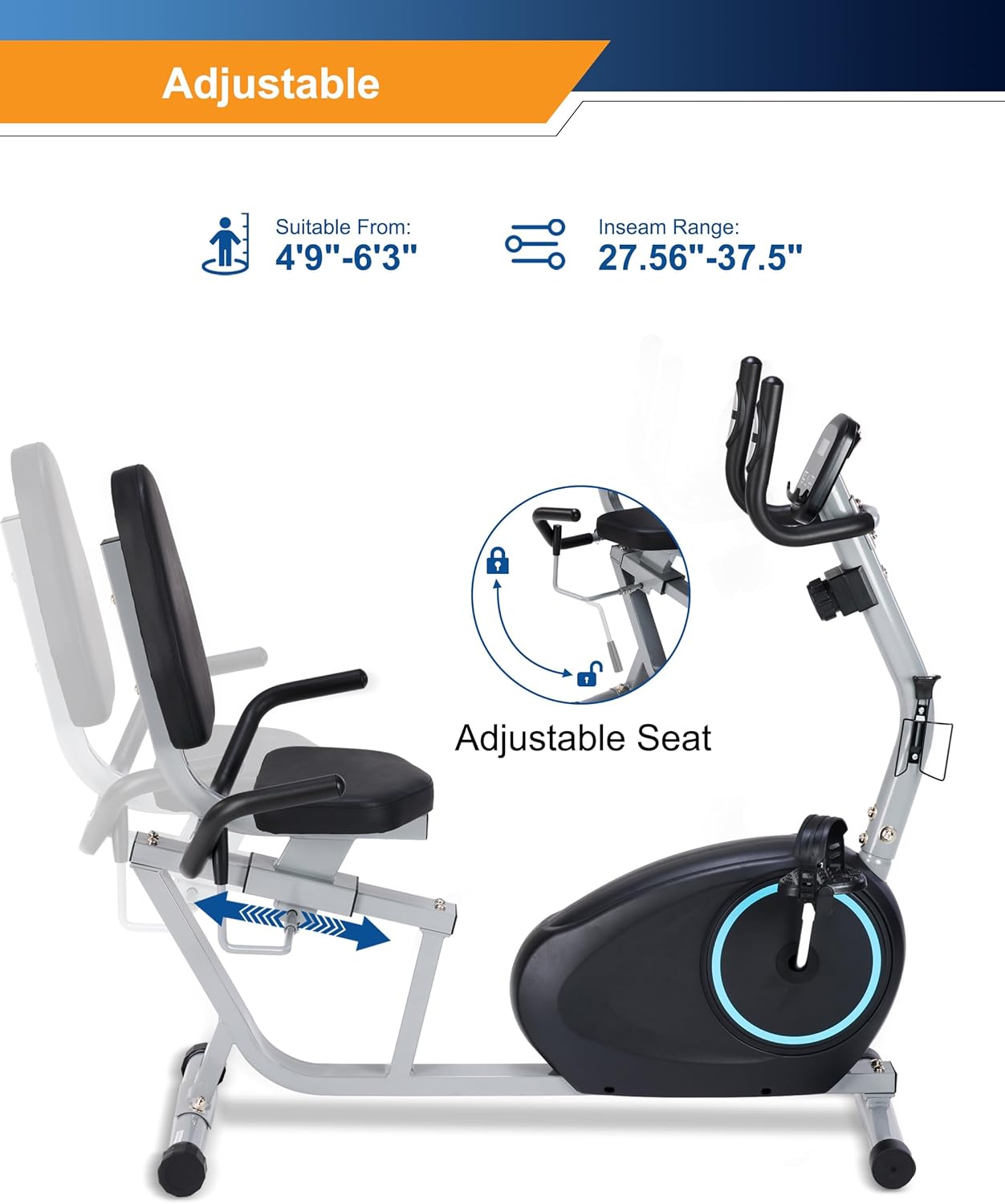 Recumbent Exercise Bike for Seniors - 400LB Weight Capacity Recumbent Bikes with Comfortable Seat, Pulse Sensor, 16-level Resistance, LCD Monitor - Image 3