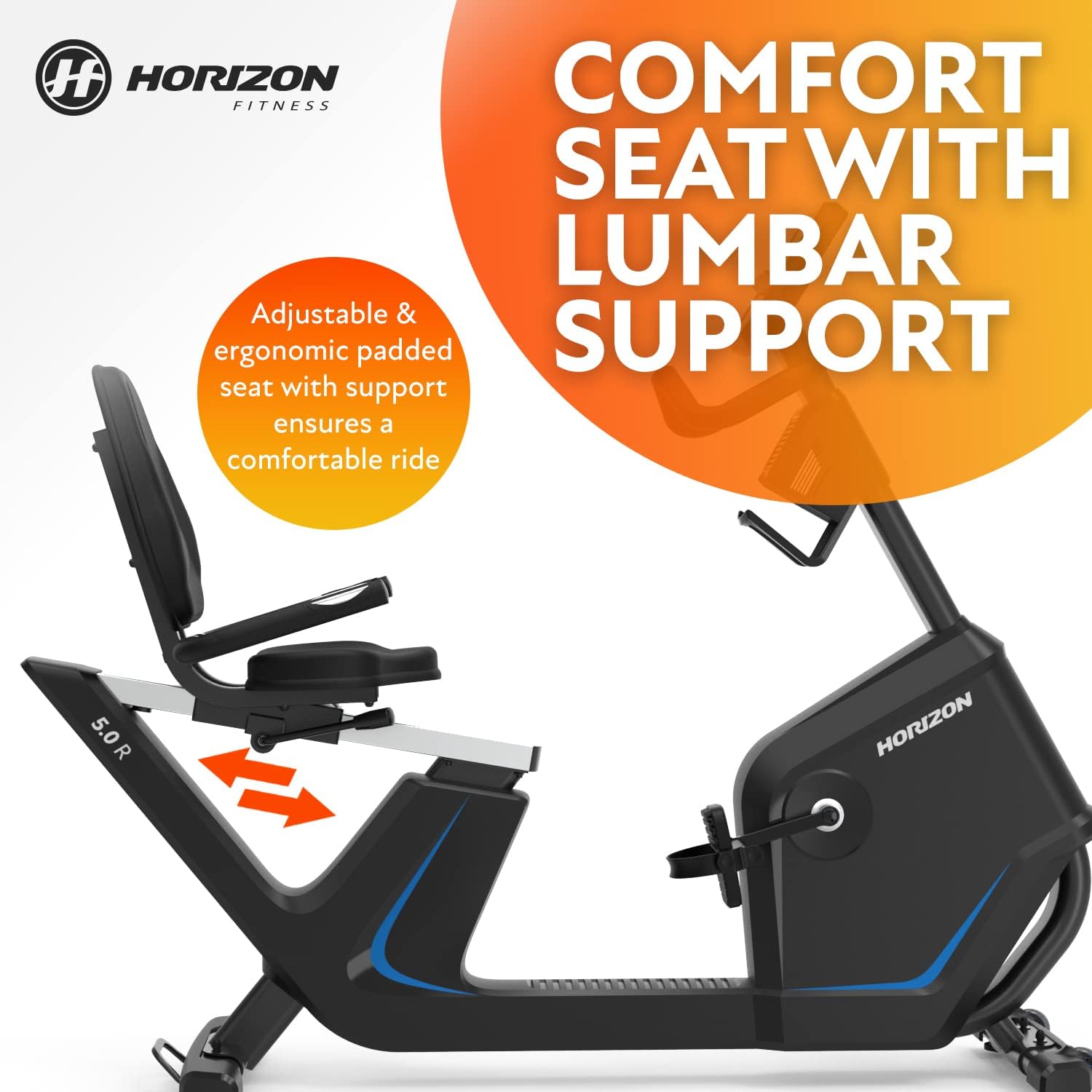 Horizon Fitness 5.0R Recumbent Bike, Fitness & Cardio, Magnetic Resistance Cycling Bike with Bluetooth, Comfort Seat with Lumbar Support, Step-through Frame, and 350lb Weight Capacity - Image 6