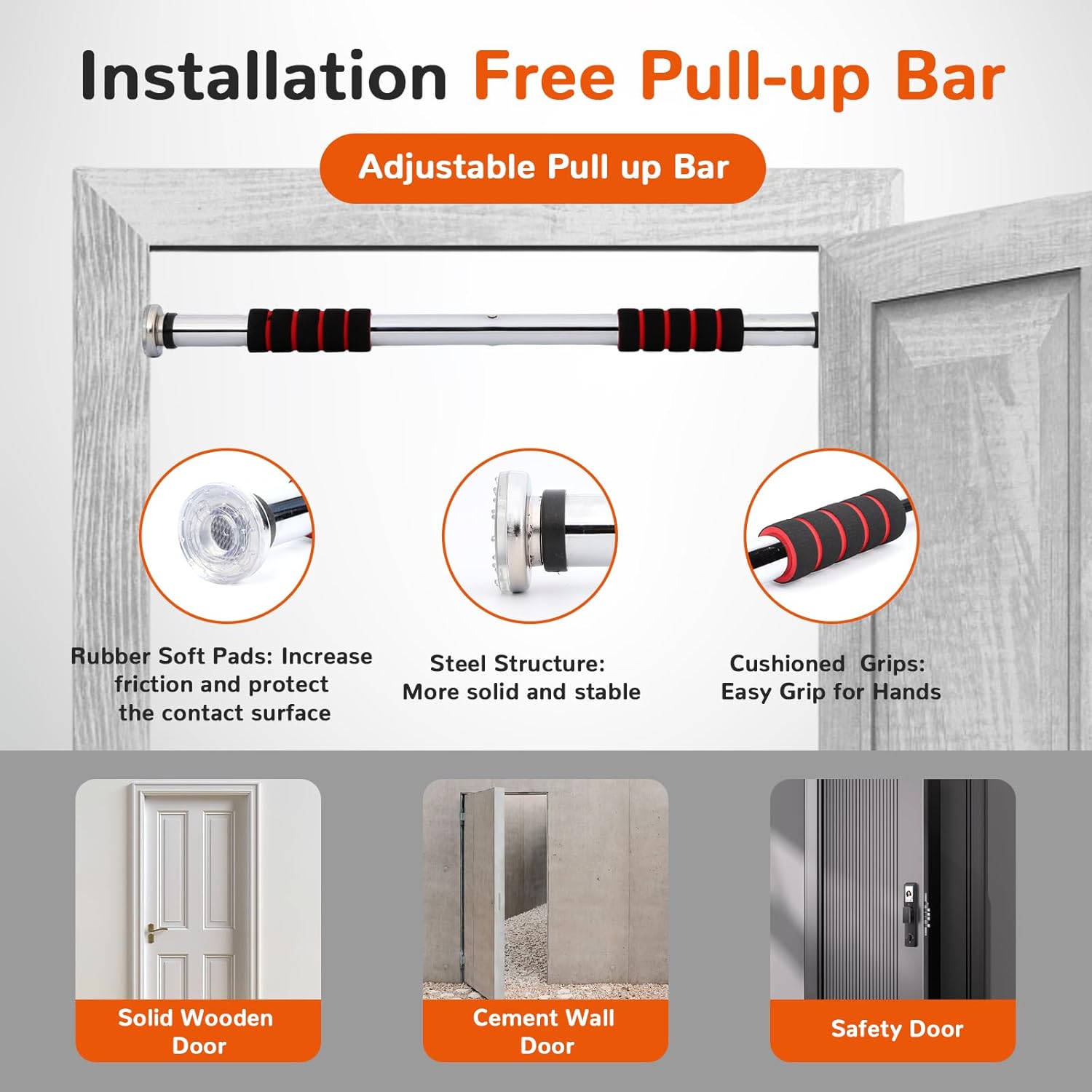 Pull Up Bar for Doorway 23.6in Adjustable Door Mounted Heavy Duty Steel Body Workout Chin Up for Home Exercise Fitness(Red) - Image 3