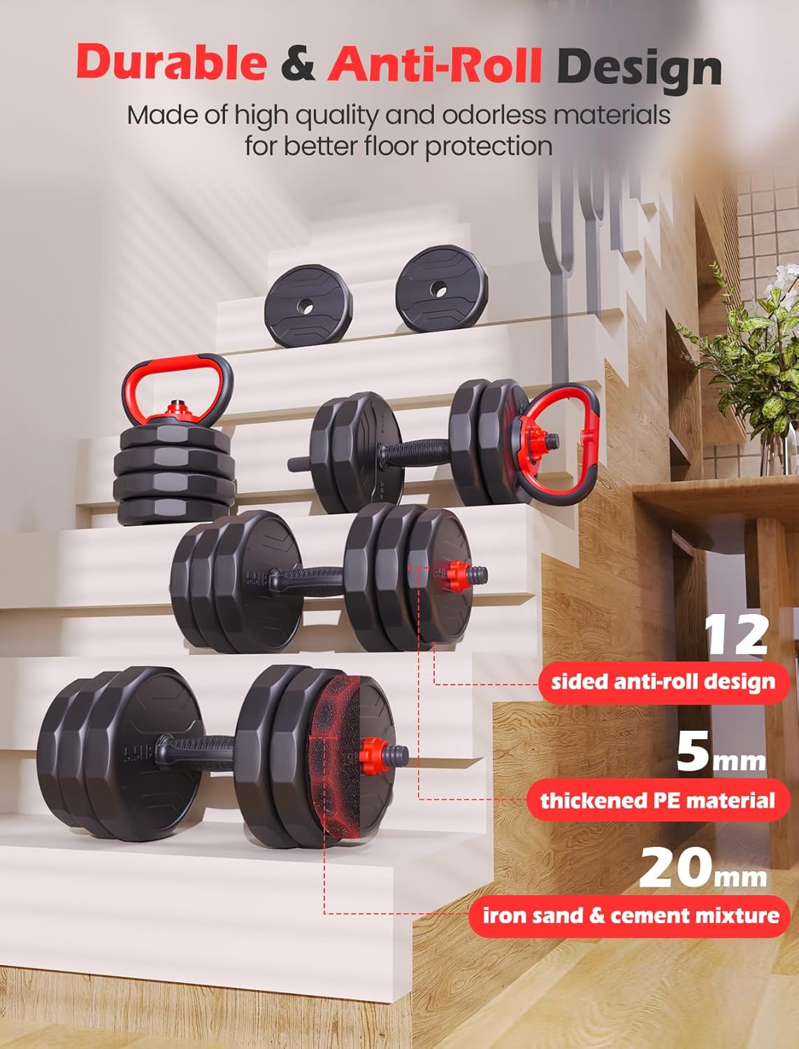 Adjustable Dumbbells, 20/30/40/55/60/70/80/90lbs Free Weights Dumbbells Convertible 2 or 3 in 1 Set Used as Barbell, Kettlebells, A Pair of Lightweight for Home Gym - Image 3